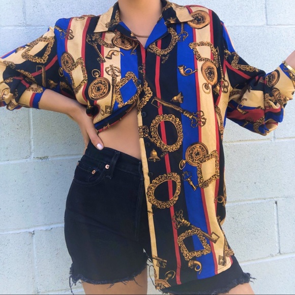 Vintage Tops - VINTAGE Versace Inspired Silk Button Shirt